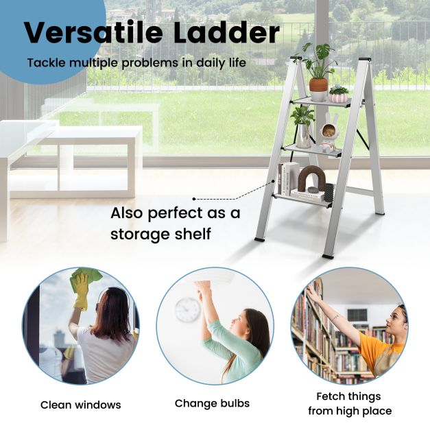 3 Step Folding Ladder with Wide Anti-Slip Pedal-Silver