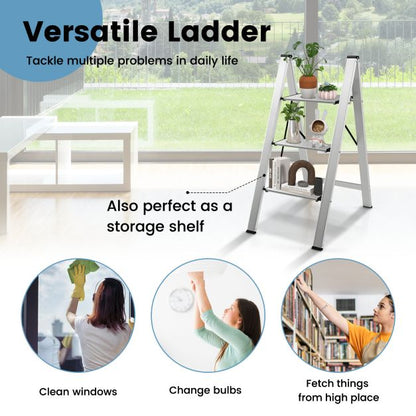 3 Step Folding Ladder with Wide Anti-Slip Pedal-Silver