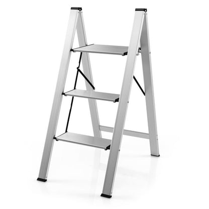 3 Step Folding Ladder with Wide Anti-Slip Pedal-Silver