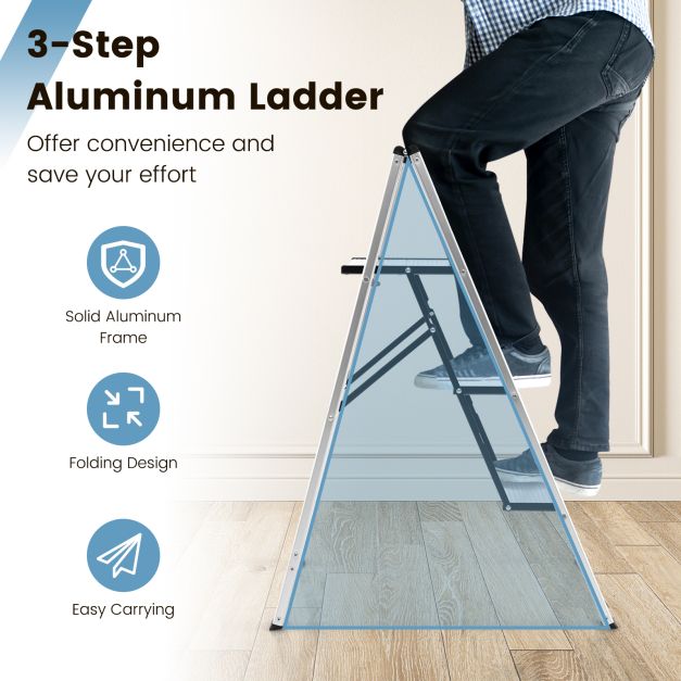 3 Step Folding Ladder with Wide Anti-Slip Pedal-Silver