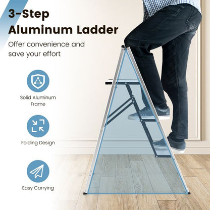 3 Step Folding Ladder with Wide Anti-Slip Pedal-Silver