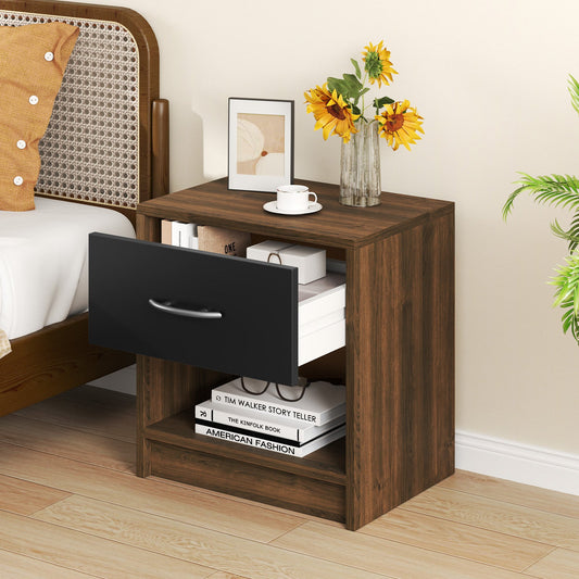 3-Tier Nightstand with Drawer and Open Storage Shelf for Small Spaces-Black &amp; Brown