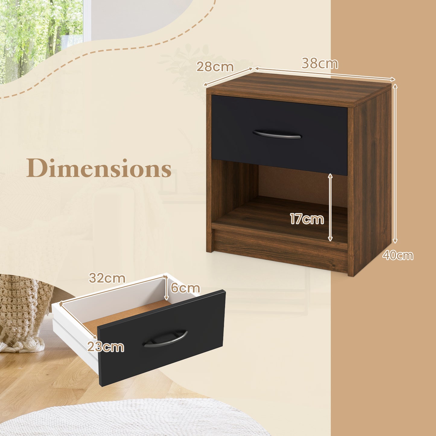 3-Tier Nightstand with Drawer and Open Storage Shelf for Small Spaces-Black &amp; Brown
