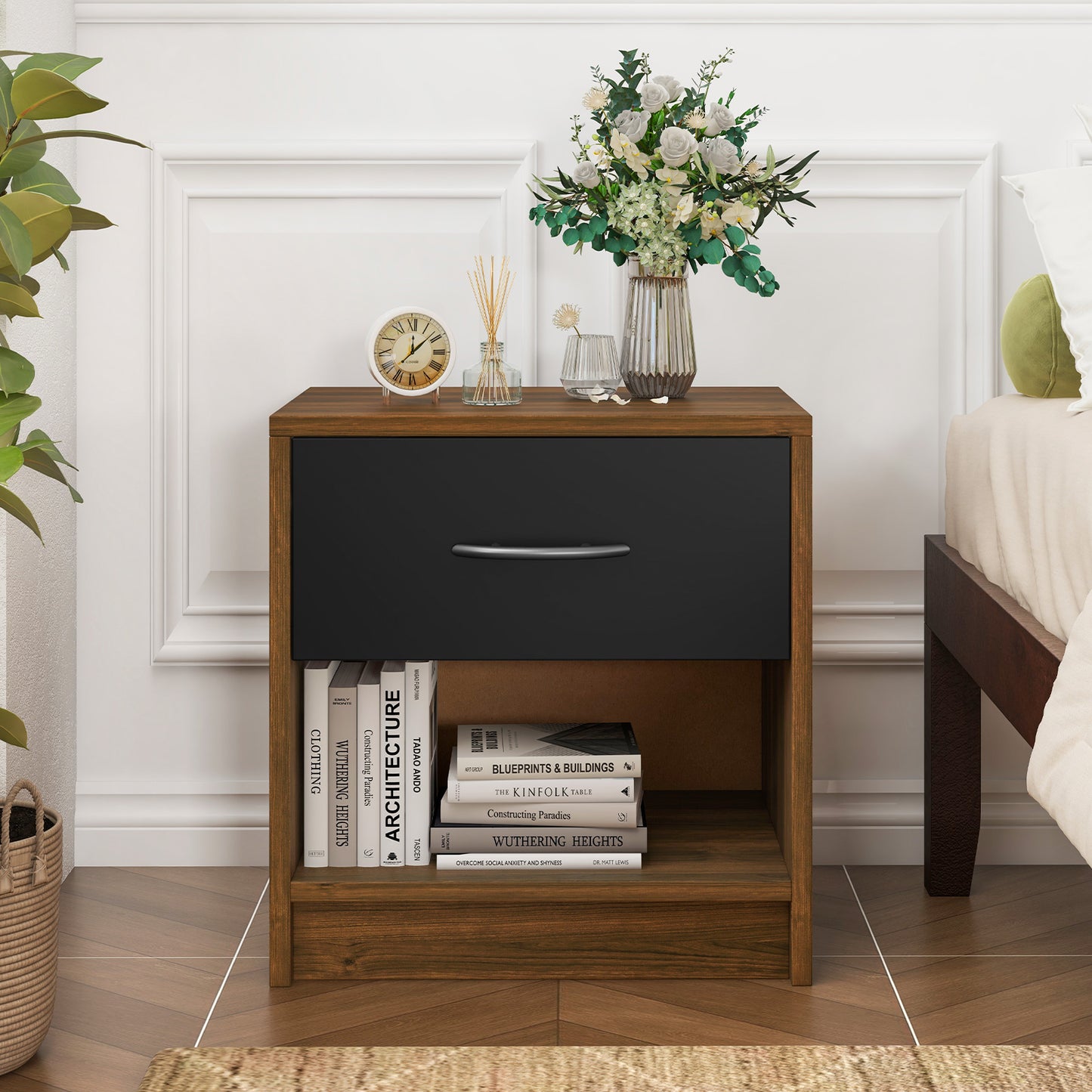 3-Tier Nightstand with Drawer and Open Storage Shelf for Small Spaces-Black &amp; Brown