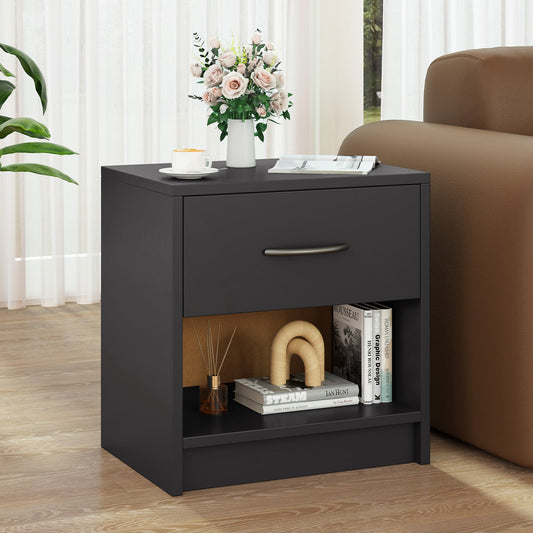 3-Tier Nightstand with Drawer and Open Storage Shelf for Small Spaces-Dark Grey