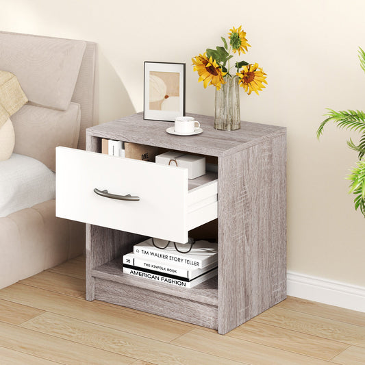 3-Tier Nightstand with Drawer and Open Storage Shelf for Small Spaces-Light Grey
