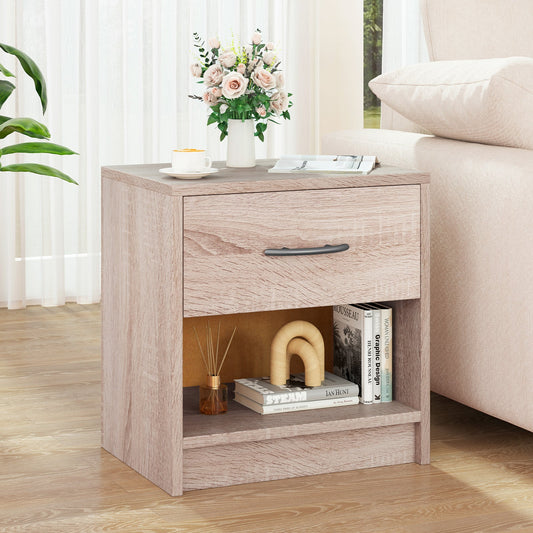 3-Tier Nightstand with Drawer and Open Storage Shelf for Small Spaces-Natural