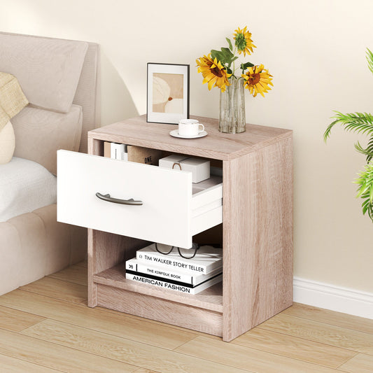 3-Tier Nightstand with Drawer and Open Storage Shelf for Small Spaces-Natural &amp; White