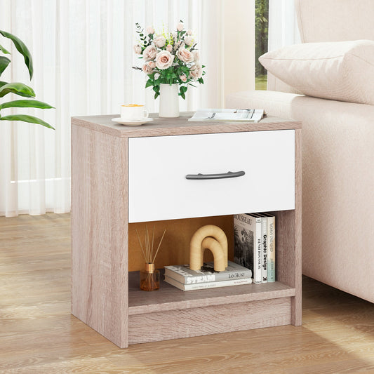 3-Tier Nightstand with Drawer and Open Storage Shelf for Small Spaces-Natural &amp; White