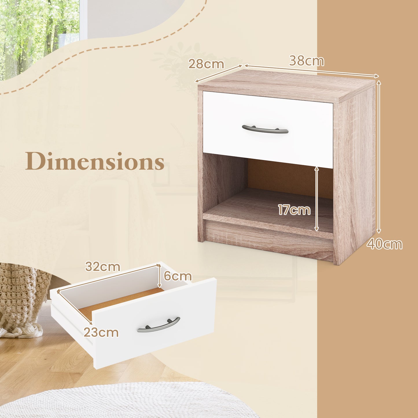 3-Tier Nightstand with Drawer and Open Storage Shelf for Small Spaces-Natural &amp; White