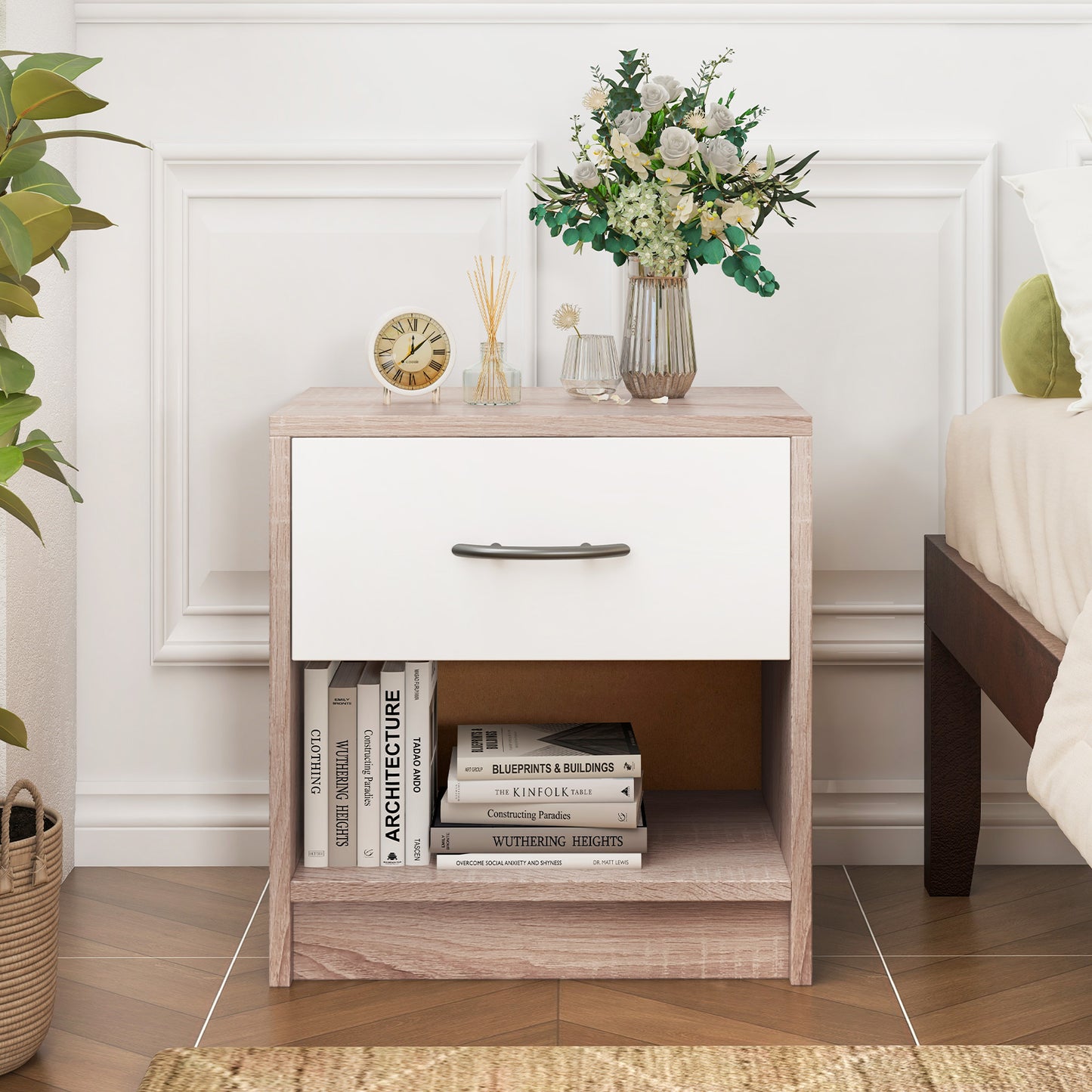 3-Tier Nightstand with Drawer and Open Storage Shelf for Small Spaces-Natural &amp; White