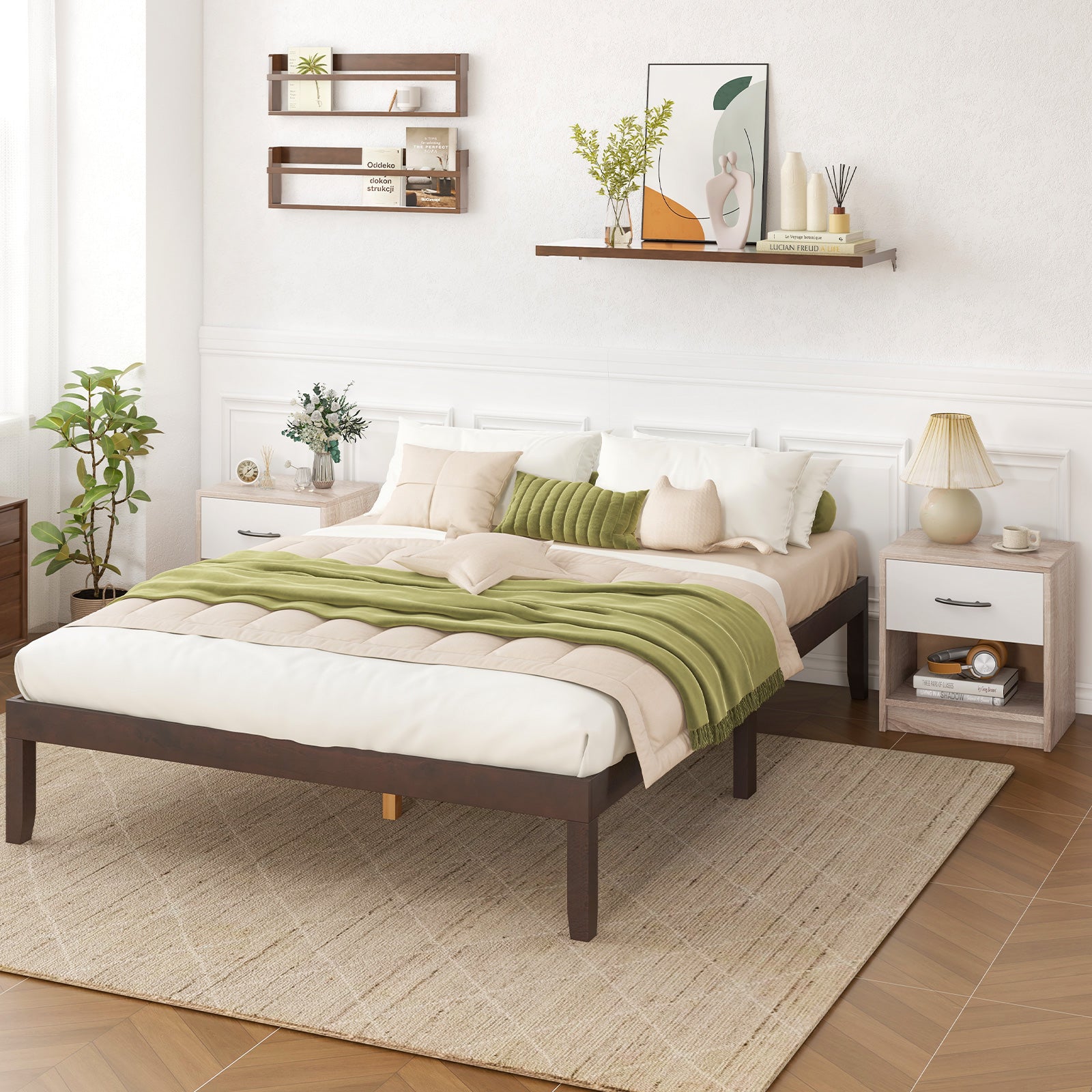 3-Tier Nightstand with Drawer and Open Storage Shelf for Small Spaces-Natural &amp; White