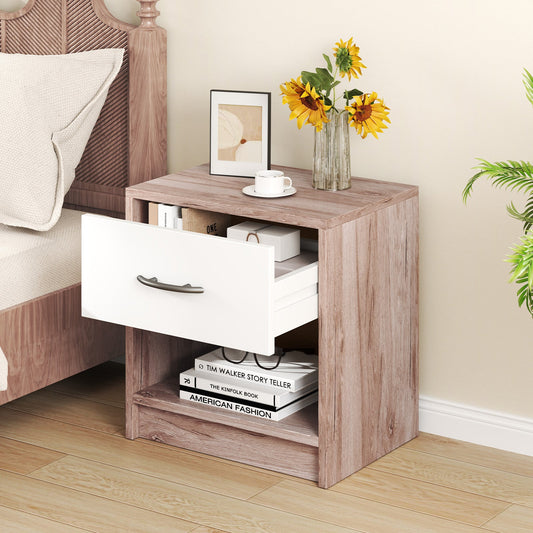 3-Tier Nightstand with Drawer and Open Storage Shelf for Small Spaces-Oak