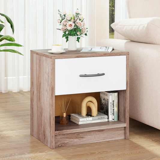 3-Tier Nightstand with Drawer and Open Storage Shelf for Small Spaces-Oak