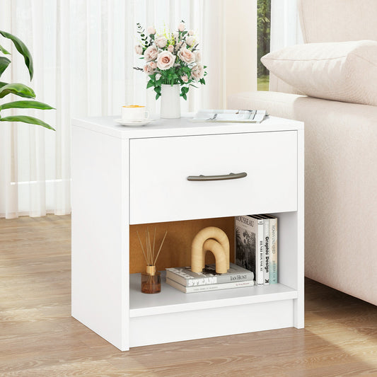 3-Tier Nightstand with Drawer and Open Storage Shelf for Small Spaces-White