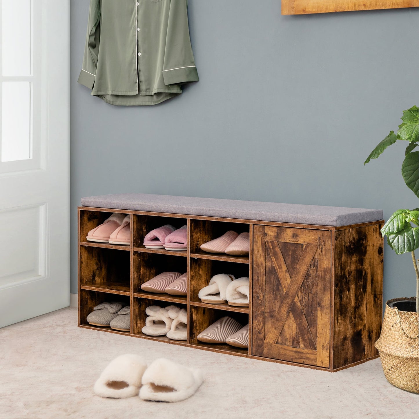 3-Tier Entryway Shoe Storage Bench with Padded Cushion-Rustic Brown