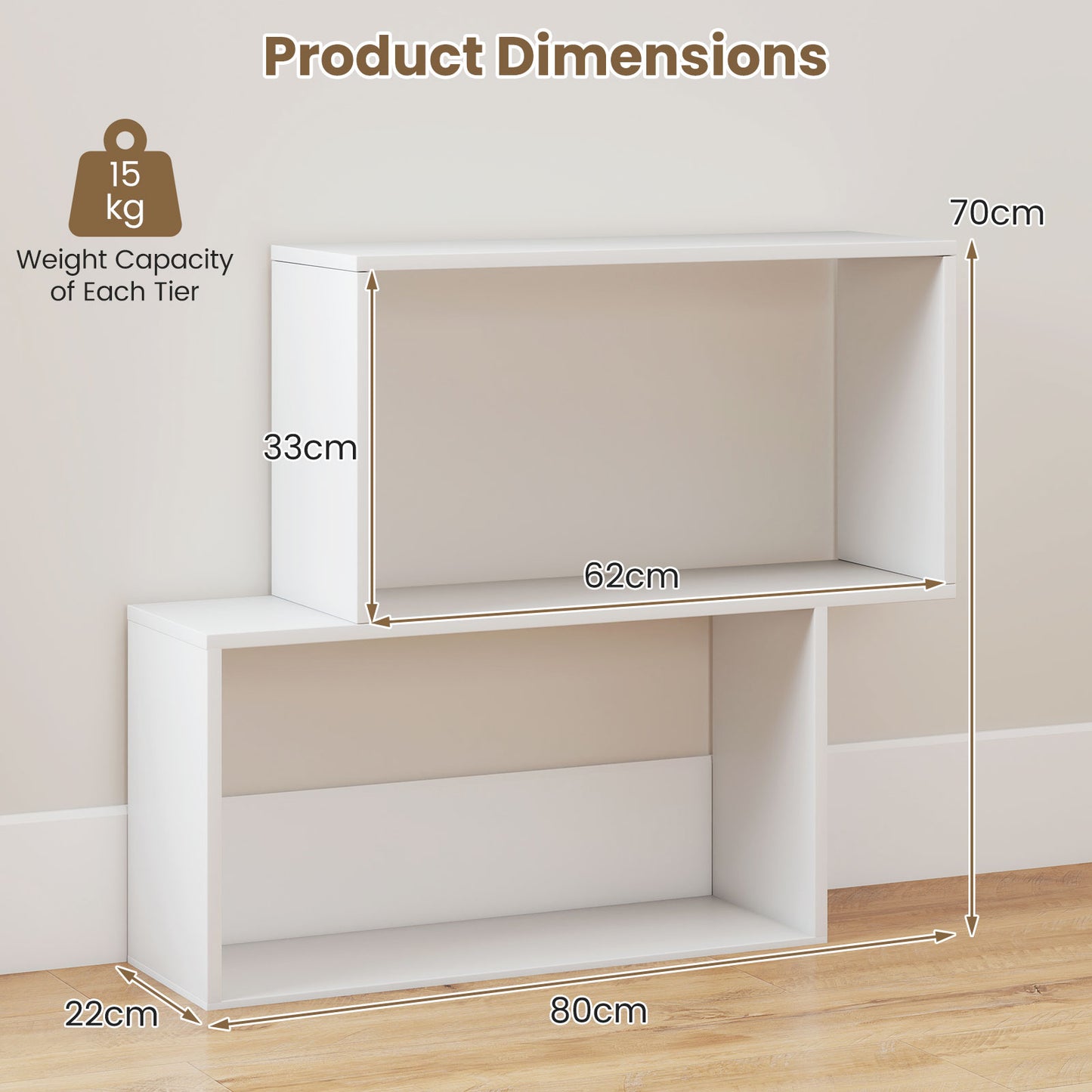 3-Tier Geometric Bookshelf Freestanding Wooden Bookcase with 2 Cubic Compartments-White