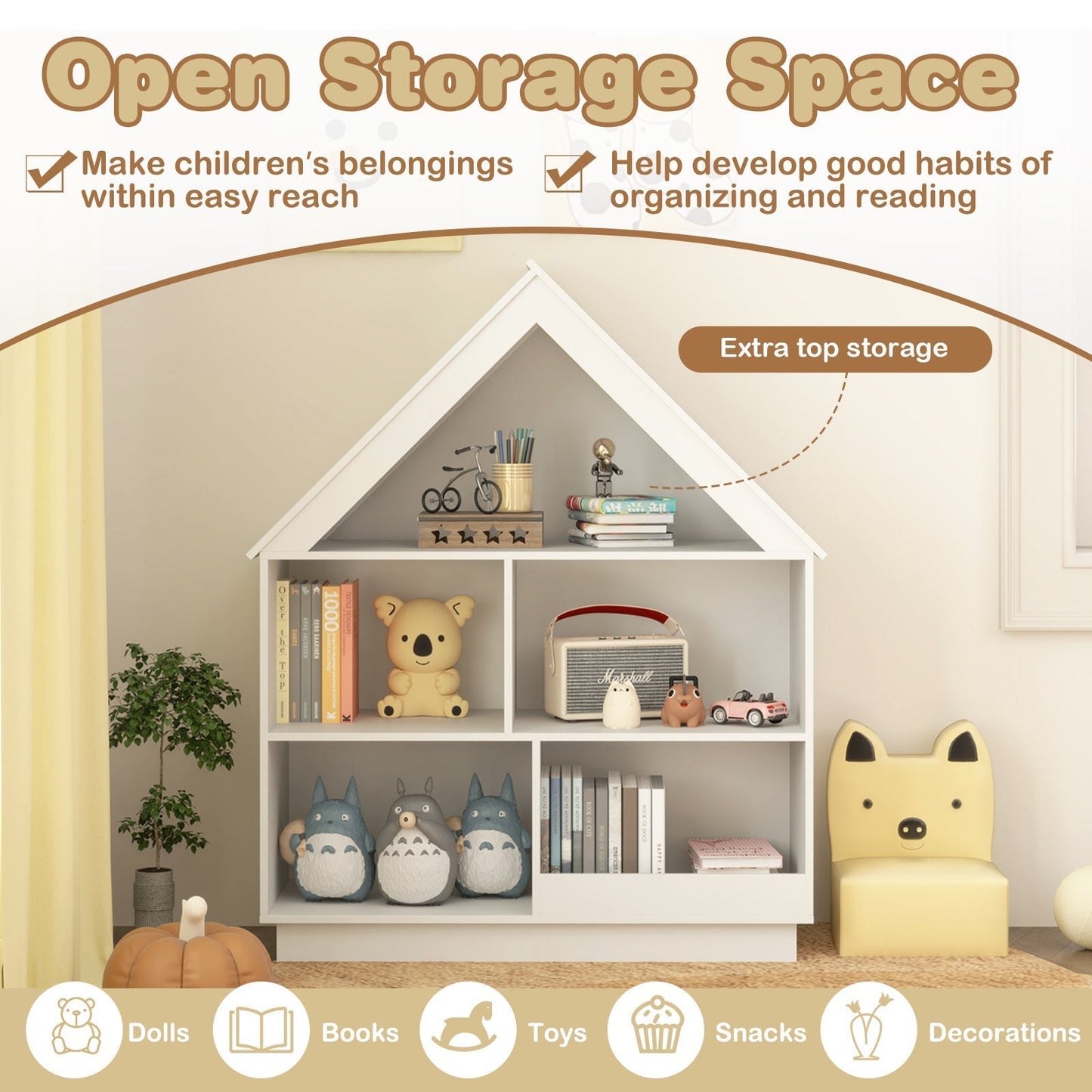 3-Tier House-Shaped Toy Storage Organizer with Open Shelves-White