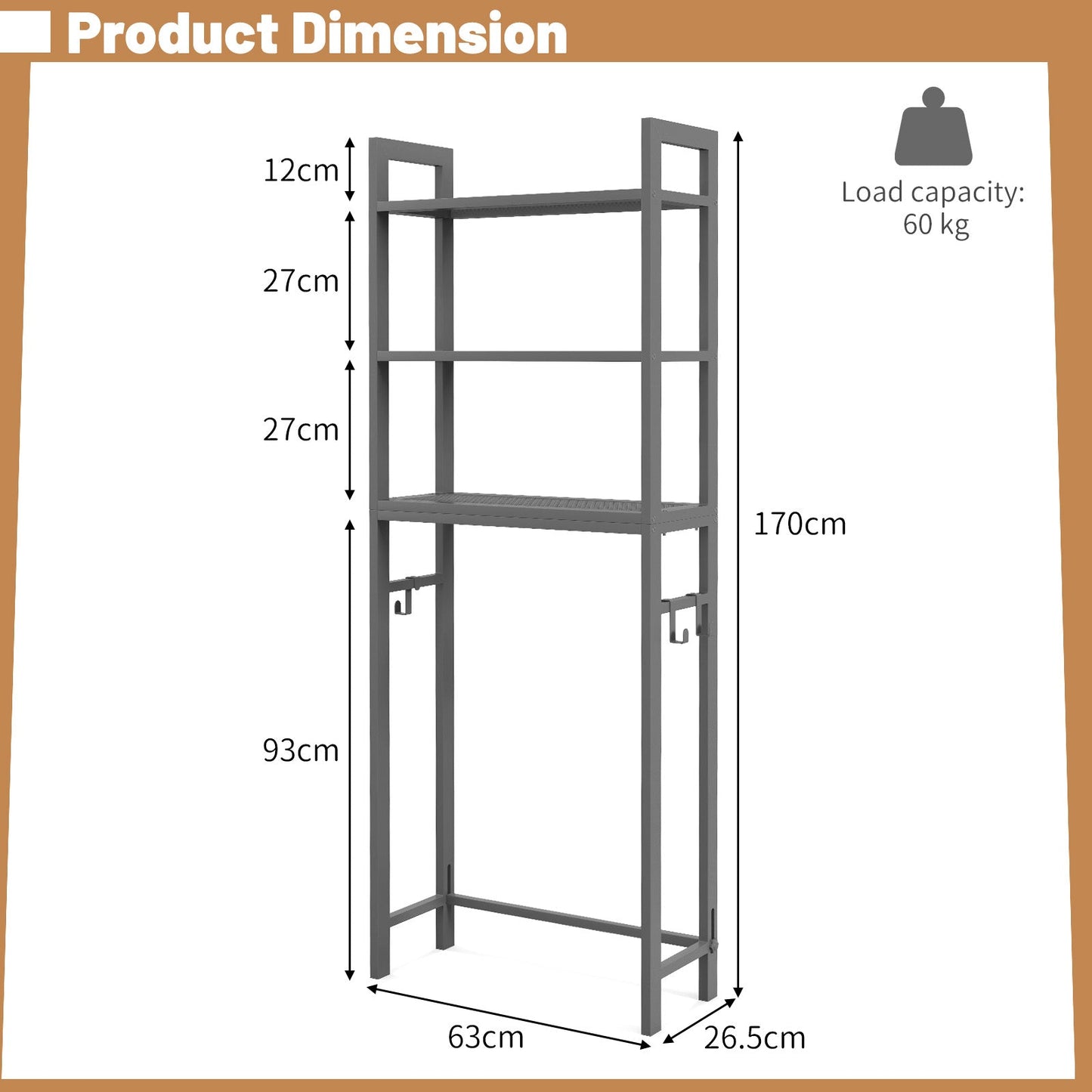 Over-The-Toilet Storage Shelf with Anti-tipping Device and Hooks-Grey