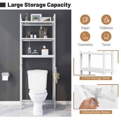 Over-The-Toilet Storage Shelf with Anti-tipping Device and Hooks-White
