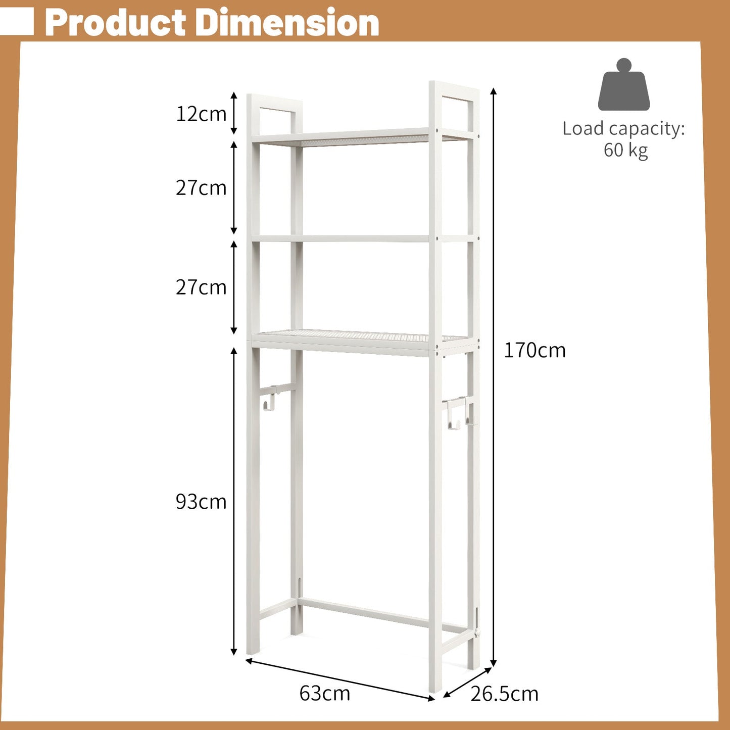Over-The-Toilet Storage Shelf with Anti-tipping Device and Hooks-White