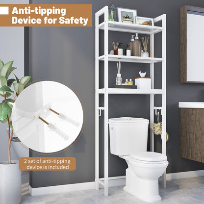 Over-The-Toilet Storage Shelf with Anti-tipping Device and Hooks-White