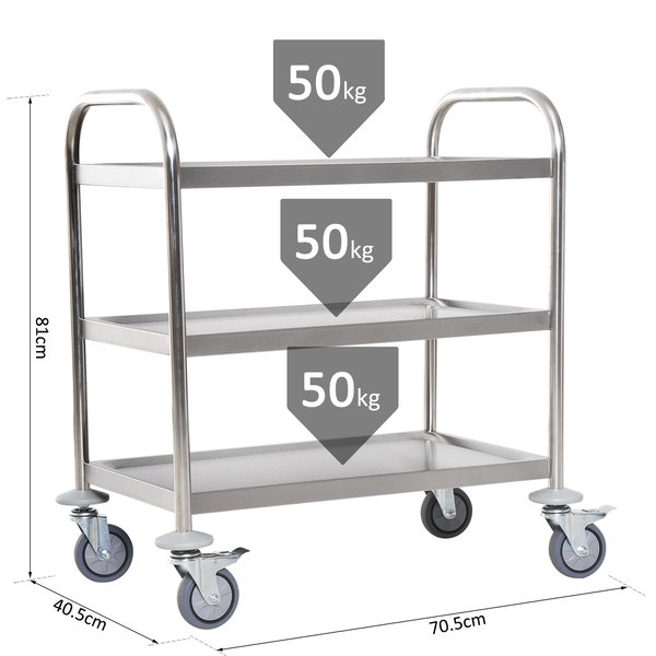 3-Tier Rolling Kitchen Island, Stainless Steel, 70.5Lx40.5Dx81H Cm - Silver