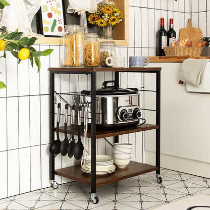 3 Tier Rolling Kitchen Baker's Rack with Adjustable Shelf and Hooks-Net Brown