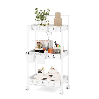 3-Tier Rolling Storage Cart with 2 Hanging Cups and 4 Hooks-White