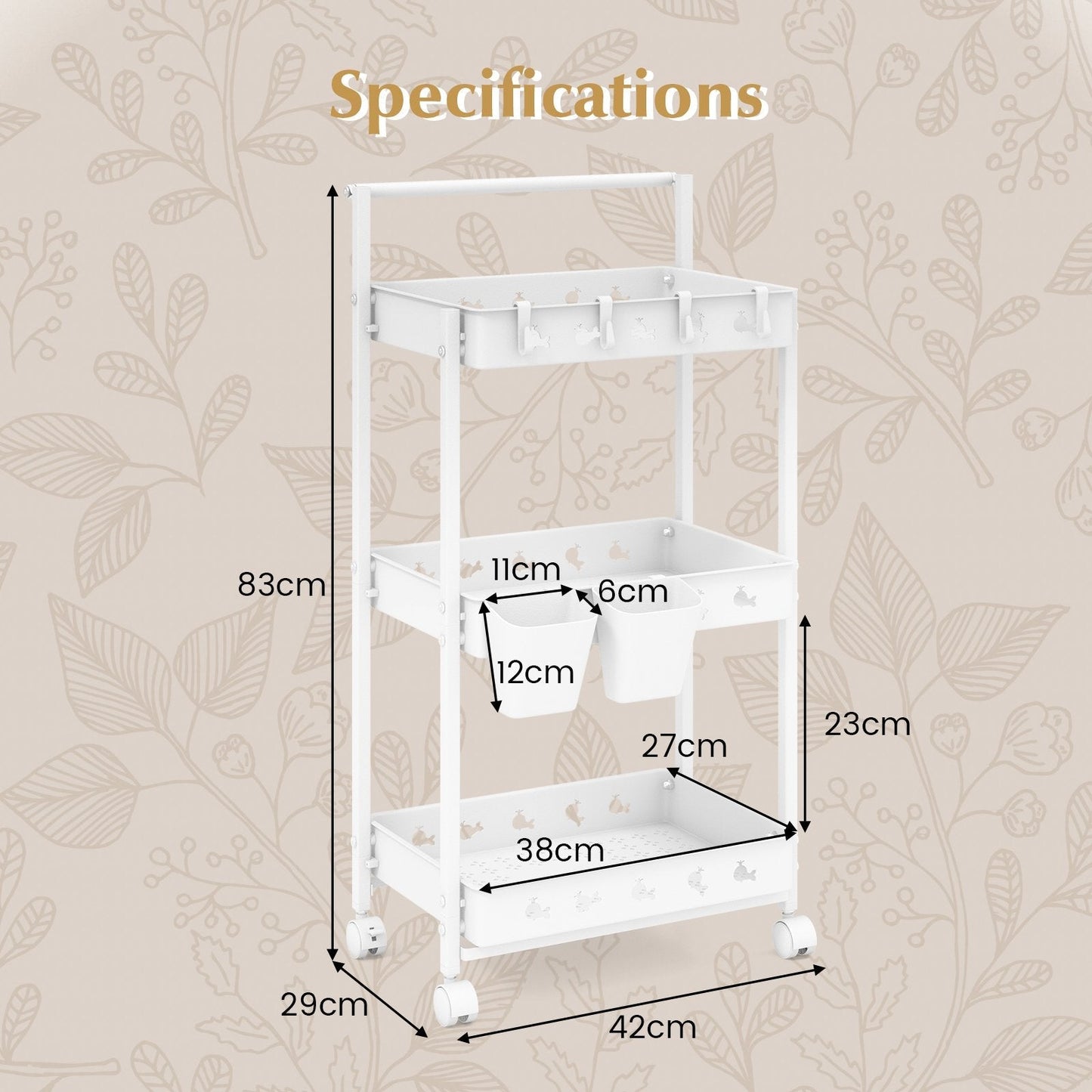 3-Tier Rolling Storage Cart with 2 Hanging Cups and 4 Hooks-White