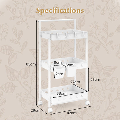 3-Tier Rolling Storage Cart with 2 Hanging Cups and 4 Hooks-White