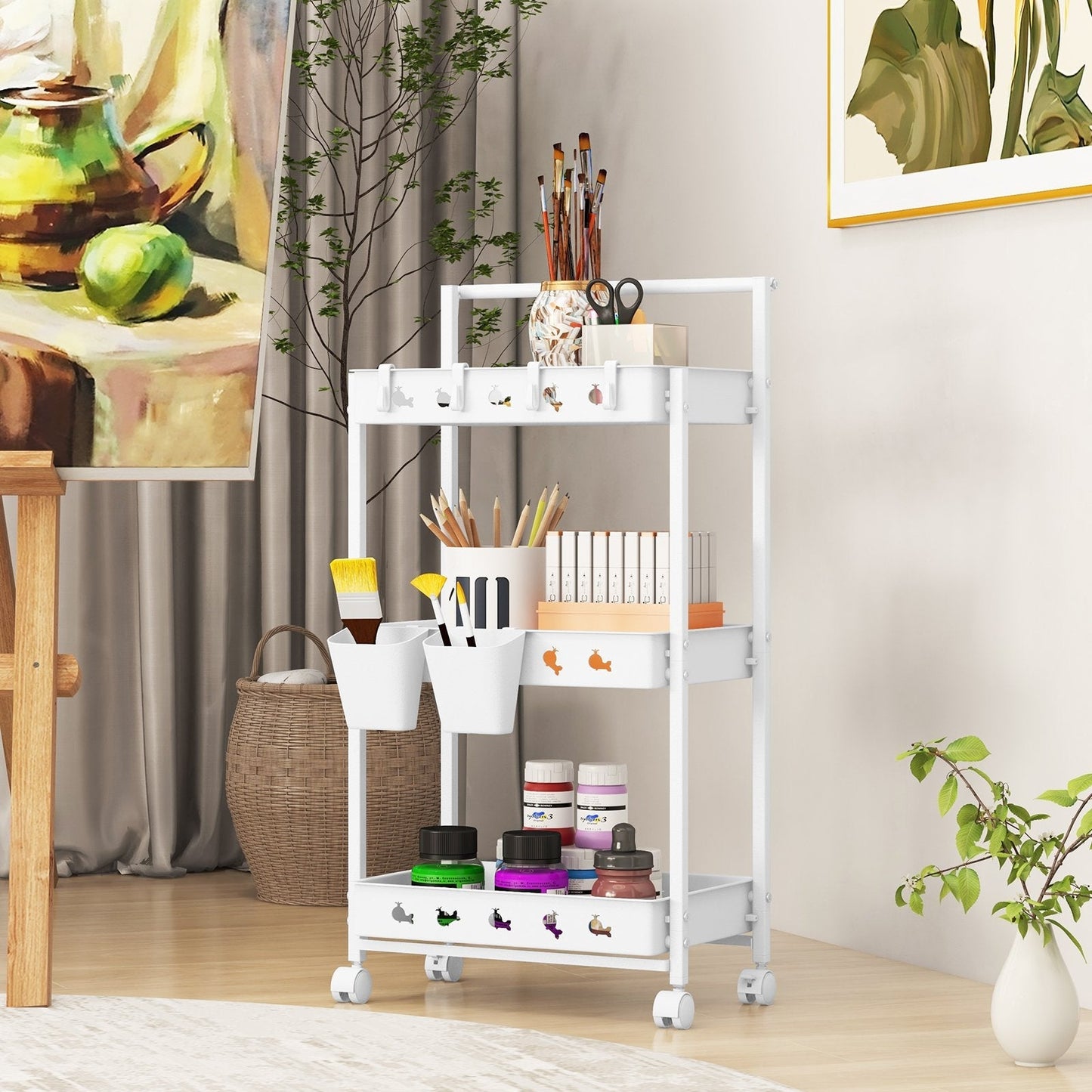 3-Tier Rolling Storage Cart with 2 Hanging Cups and 4 Hooks-White