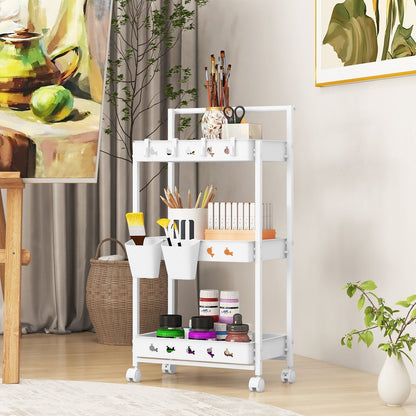 3-Tier Rolling Storage Cart with 2 Hanging Cups and 4 Hooks-White