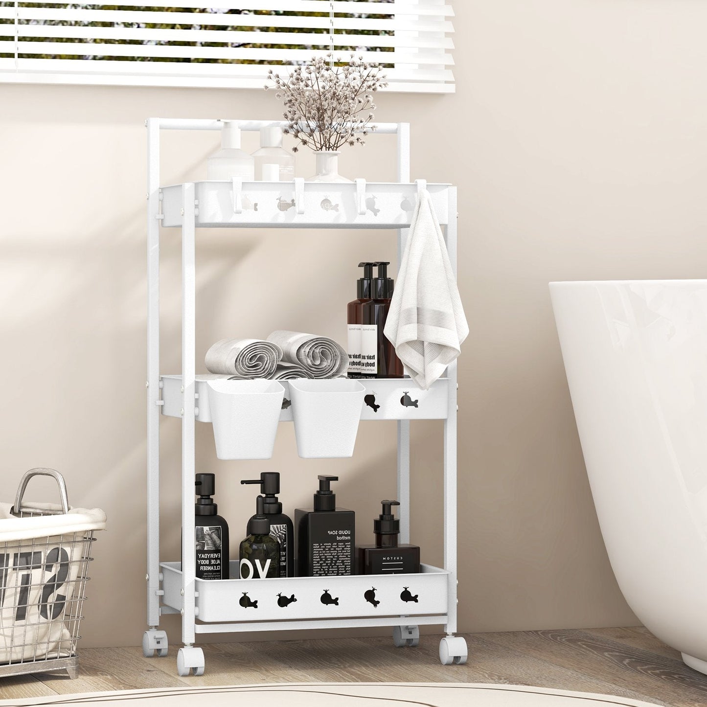 3-Tier Rolling Storage Cart with 2 Hanging Cups and 4 Hooks-White