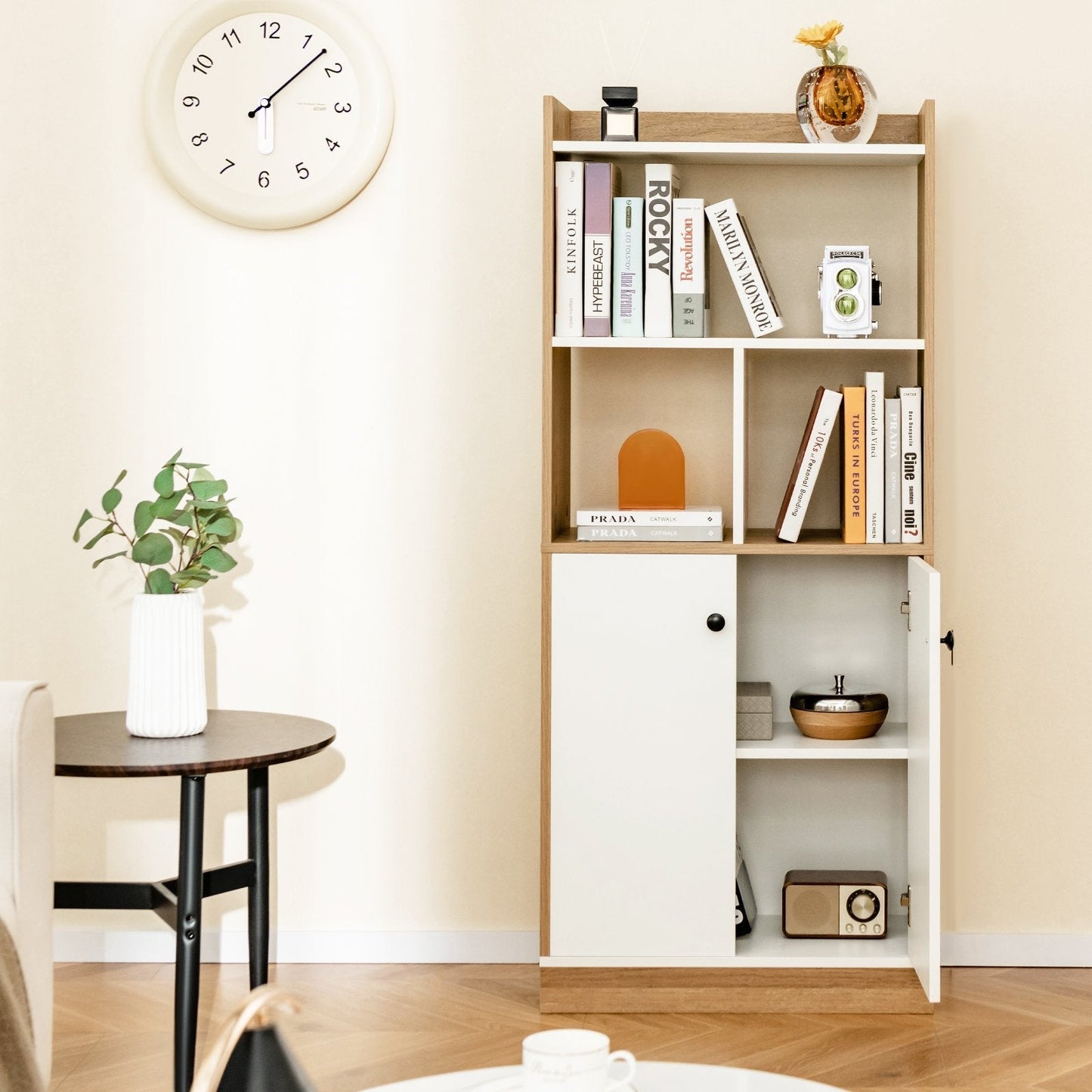 3-Tier Tall Bookcase with Double-Door Cabinet