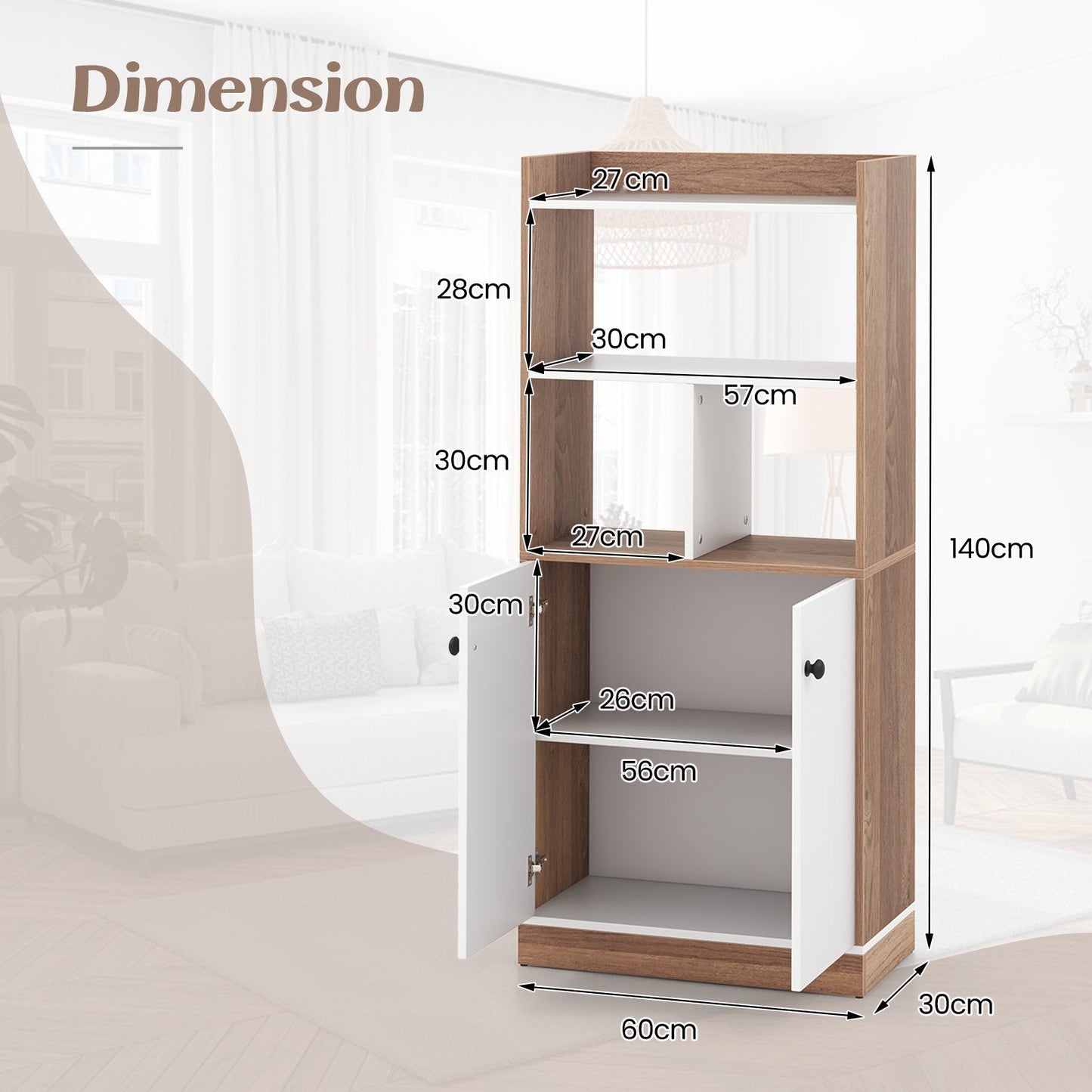 3-Tier Tall Bookcase with Double-Door Cabinet