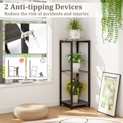 3 Tier Tall Metal Corner Plant Stand with Anti-tipping Devices-Grey