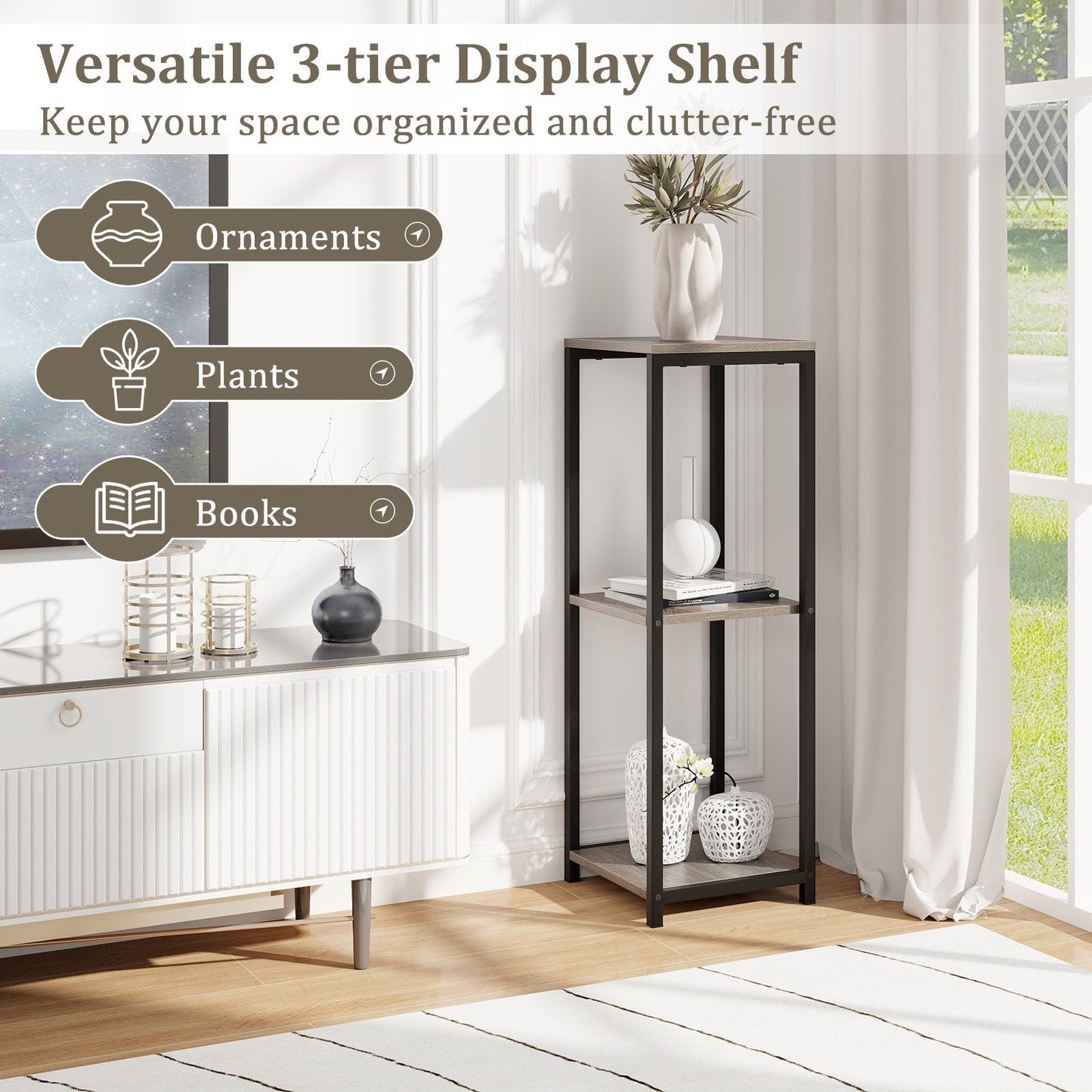 3 Tier Tall Metal Corner Plant Stand with Anti-tipping Devices-Grey