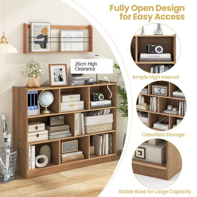 3-Tier Open Bookshelf Storage Cabinet with 8 Cubies-Natural