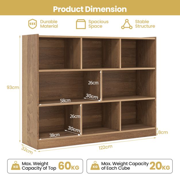 3-Tier Open Bookshelf Storage Cabinet with 8 Cubies-Natural