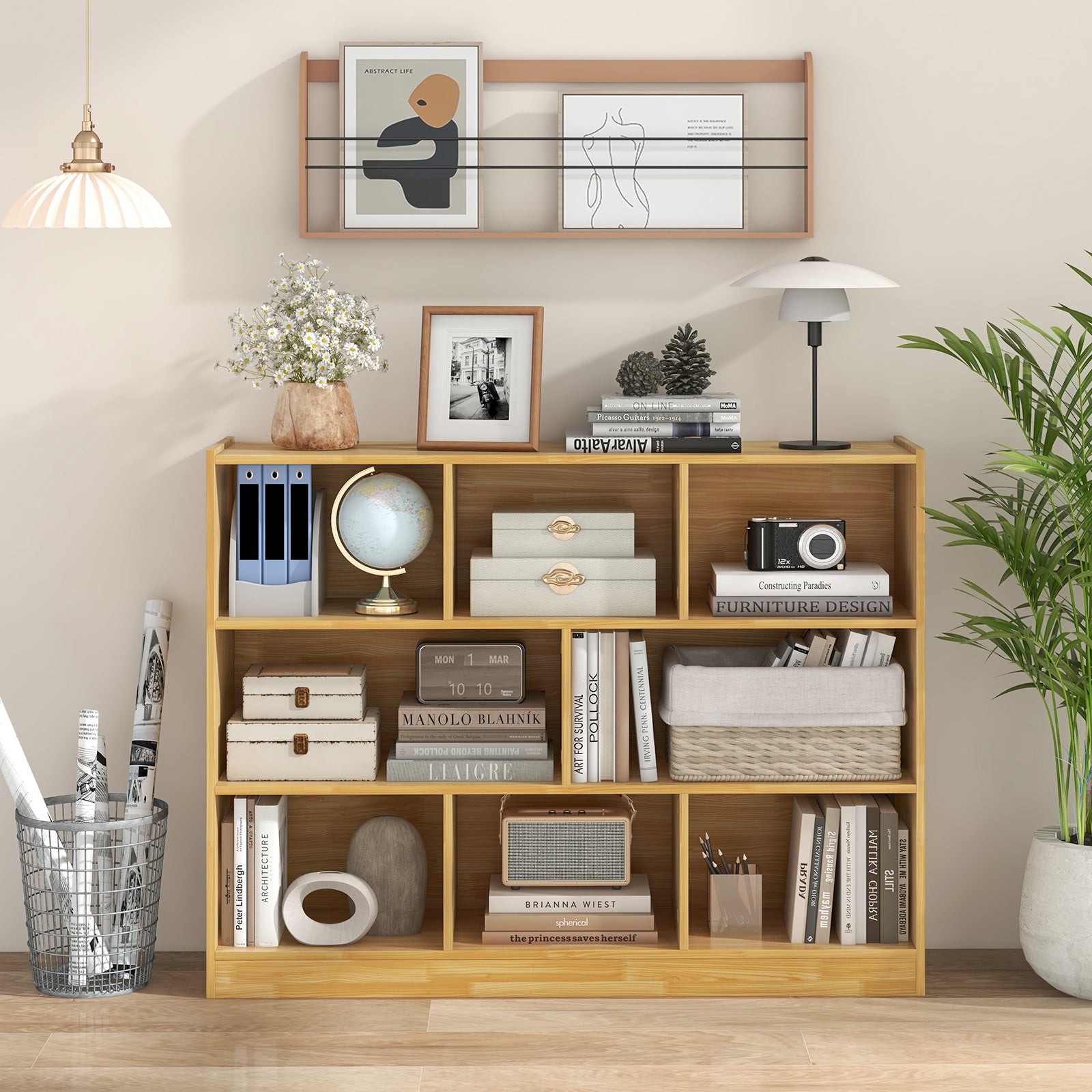 3-Tier Wooden Cube Bookcase with 8 Compartments-Yellow