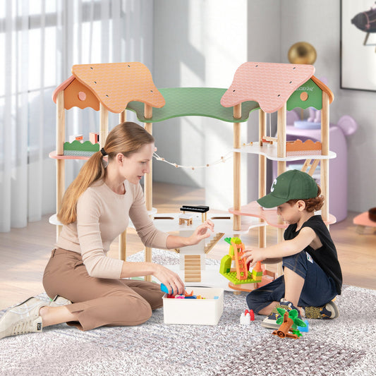 Wooden Dollhouse with 32 PCS Realistic Furniture Accessories and Roofs-Multicolour