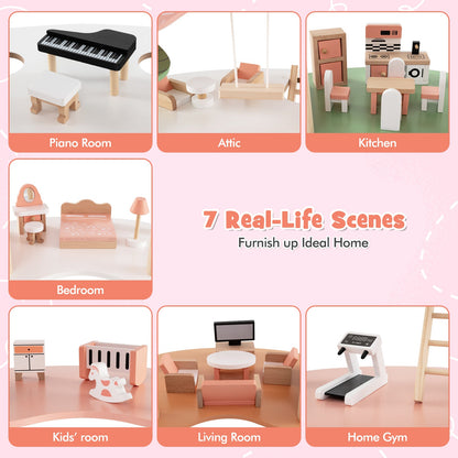 Wooden Dollhouse with 32 PCS Realistic Furniture Accessories and Roofs-Multicolour