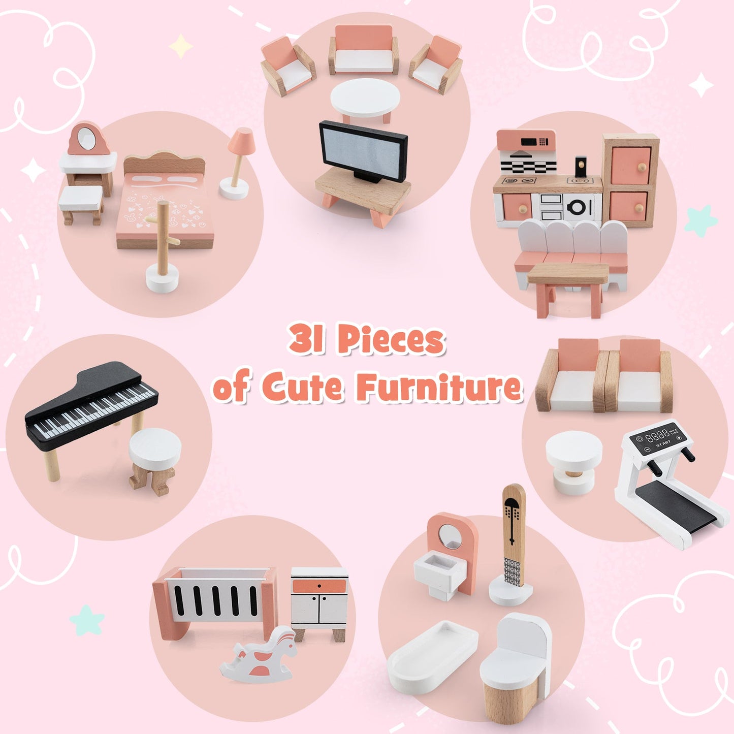 Wooden Dollhouse with 32 PCS Realistic Furniture Accessories and Roofs-Multicolour