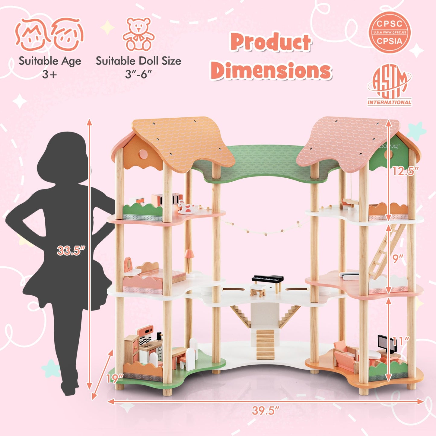 Wooden Dollhouse with 32 PCS Realistic Furniture Accessories and Roofs-Multicolour