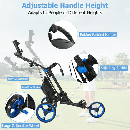 3 Wheel Golf Push Pull Cart with Adjustable Height Handle-Blue