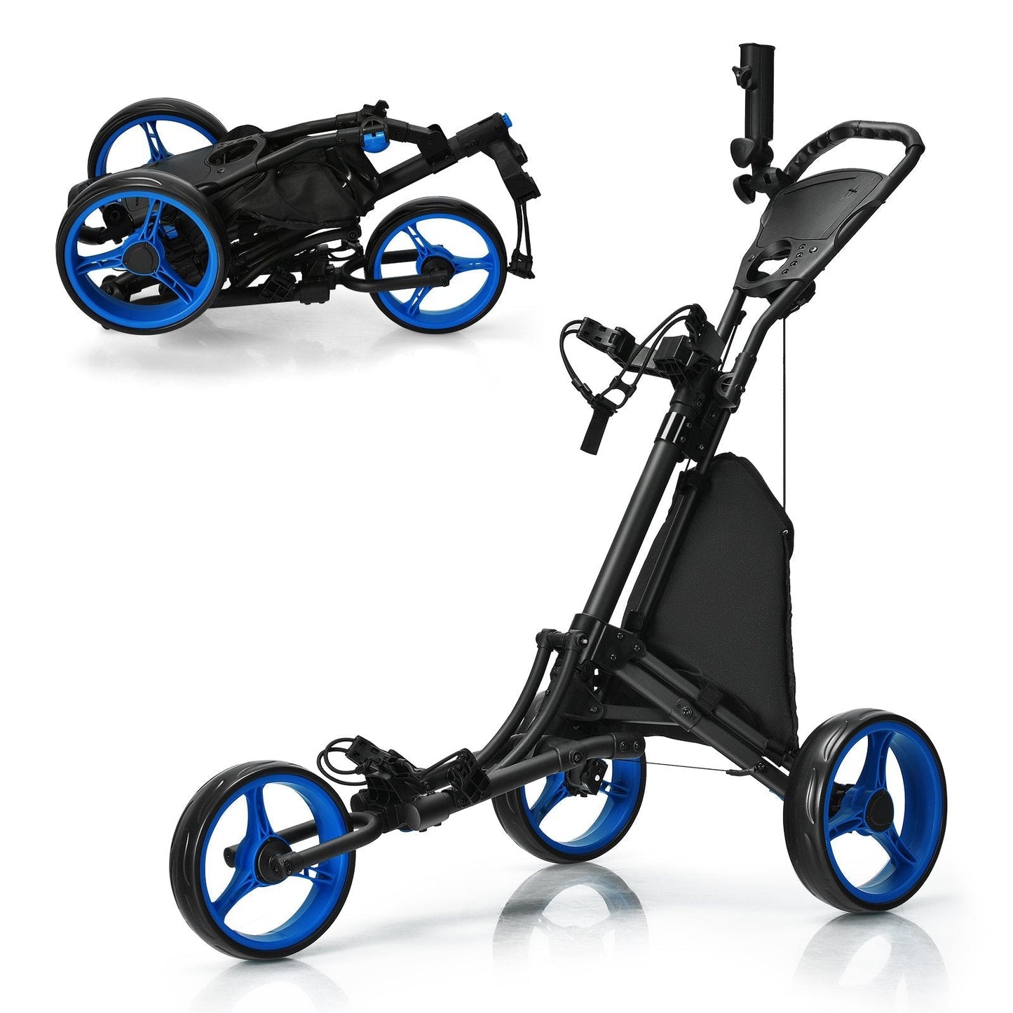 3 Wheel Golf Push Pull Cart with Adjustable Height Handle-Blue