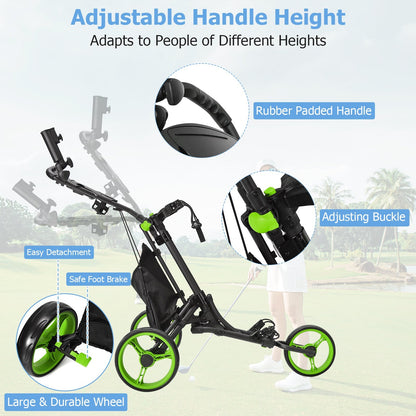 3 Wheel Golf Push Pull Cart with Adjustable Height Handle-Green