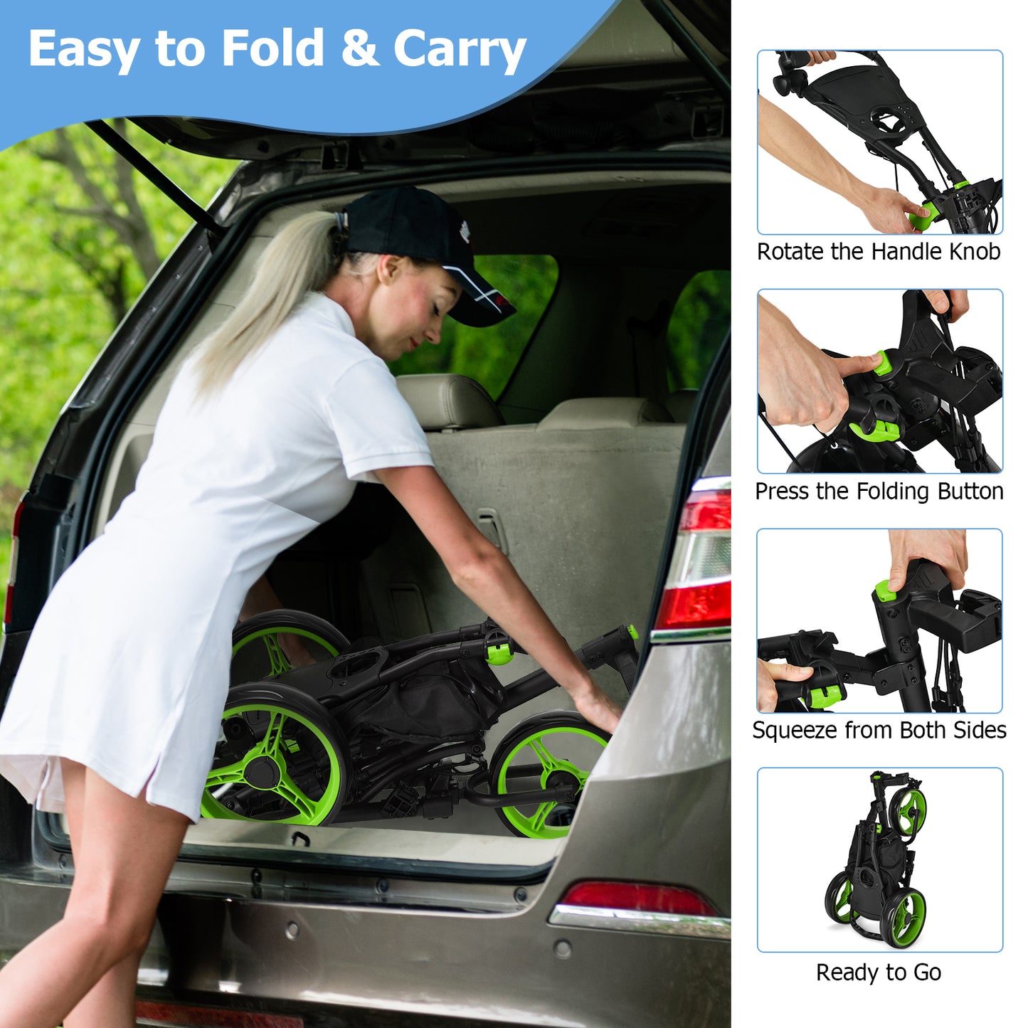3 Wheel Golf Push Pull Cart with Adjustable Height Handle-Green