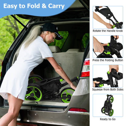 3 Wheel Golf Push Pull Cart with Adjustable Height Handle-Green
